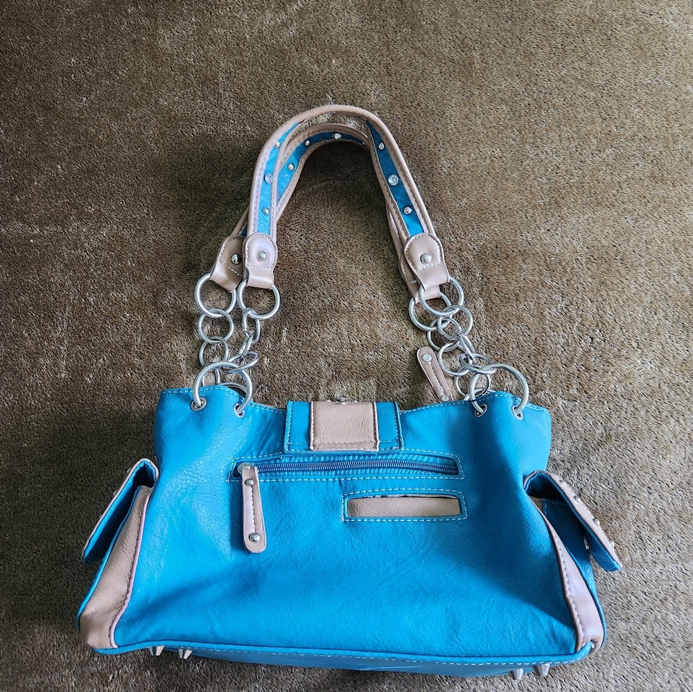 Turquoise and khaki designer shoulder bag